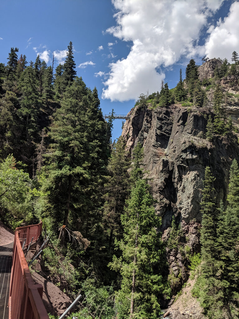A view of Box Canon Bridge from the visitors observation deck in Ouray, Colorado