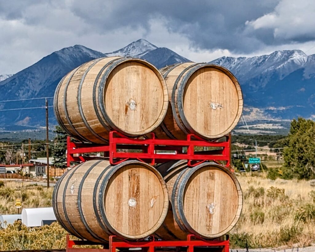 Kegs of wine at the Vino Salida Wine Cellars in Poncha, Springs, Colorado
